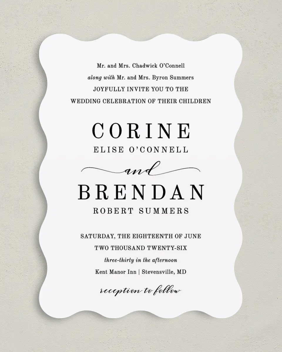 This is a 5" x 7" Wavy Wedding Invitation called Classy Type printed in full color on Premium Smooth paper