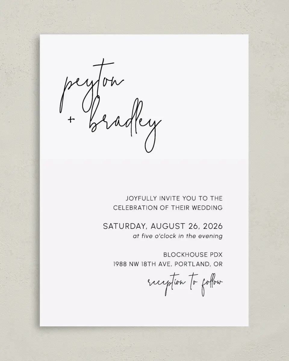 This is a 5" x 7" Classic Wedding Invitation called Mod Aesthetic printed in full color on Premium Smooth paper