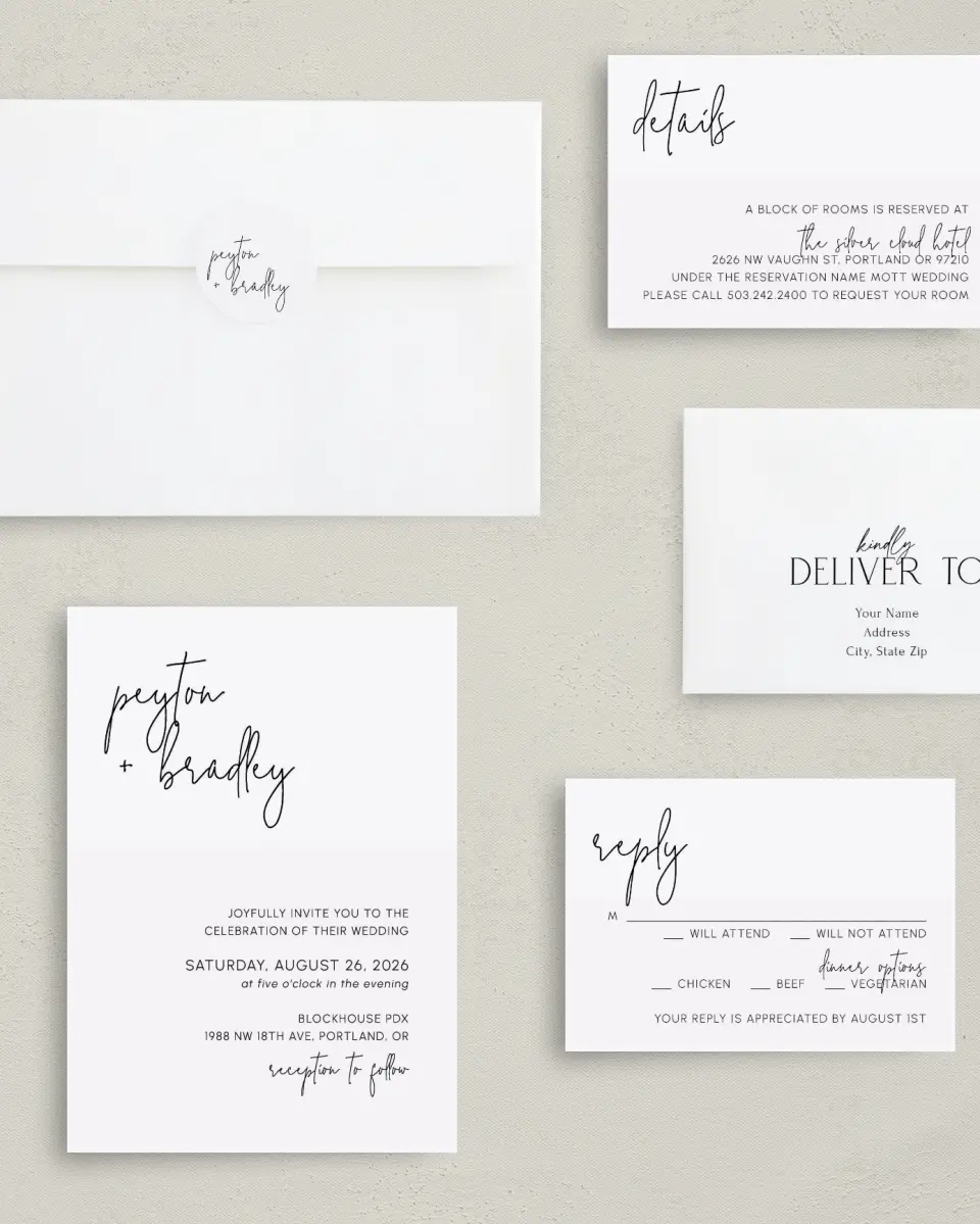 This is a 5" x 7" Classic Wedding Invitation called Mod Aesthetic printed in full color with Silver foil on Luxe Satin (coated) paper