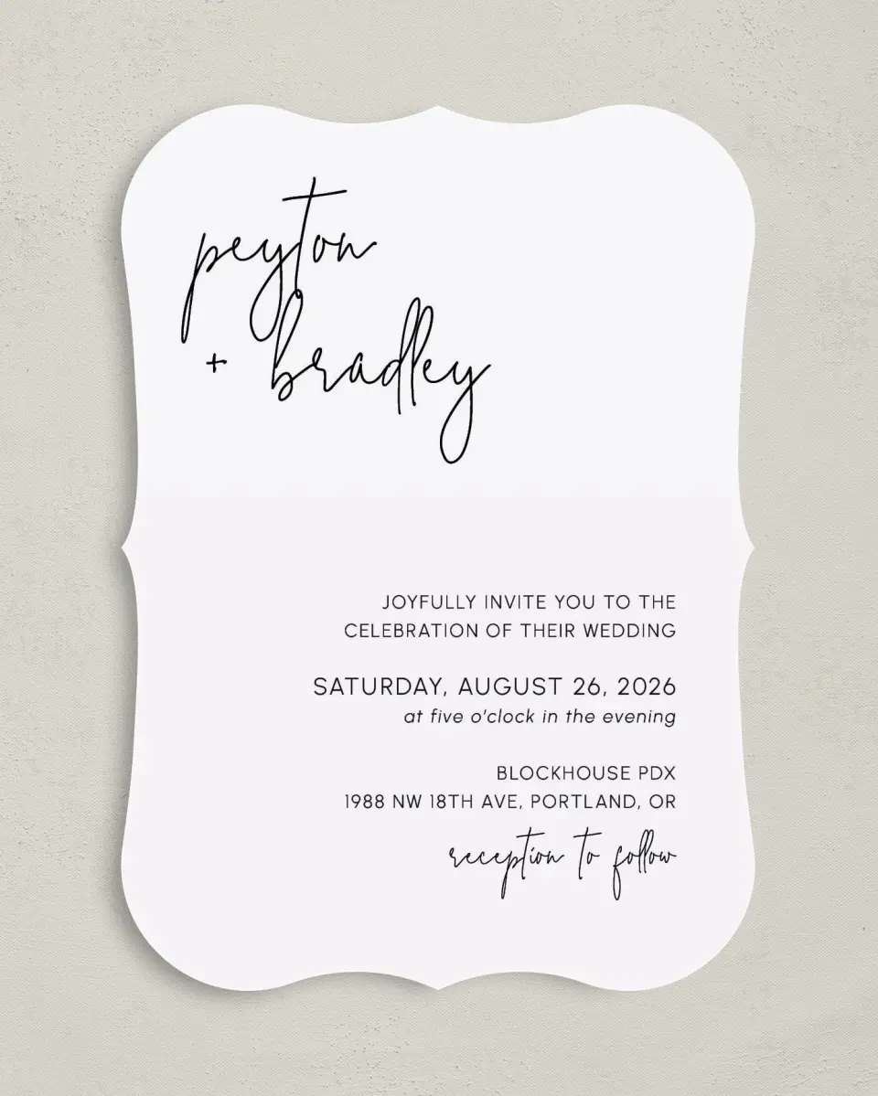 This is a 5" x 7" Bracket Wedding Invitation called Mod Aesthetic printed in full color on Premium Smooth paper