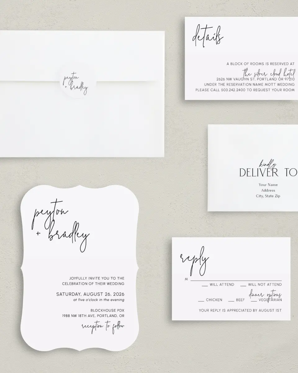 This is a 5" x 7" Bracket Wedding Invitation called Mod Aesthetic printed in full color on Premium Smooth paper