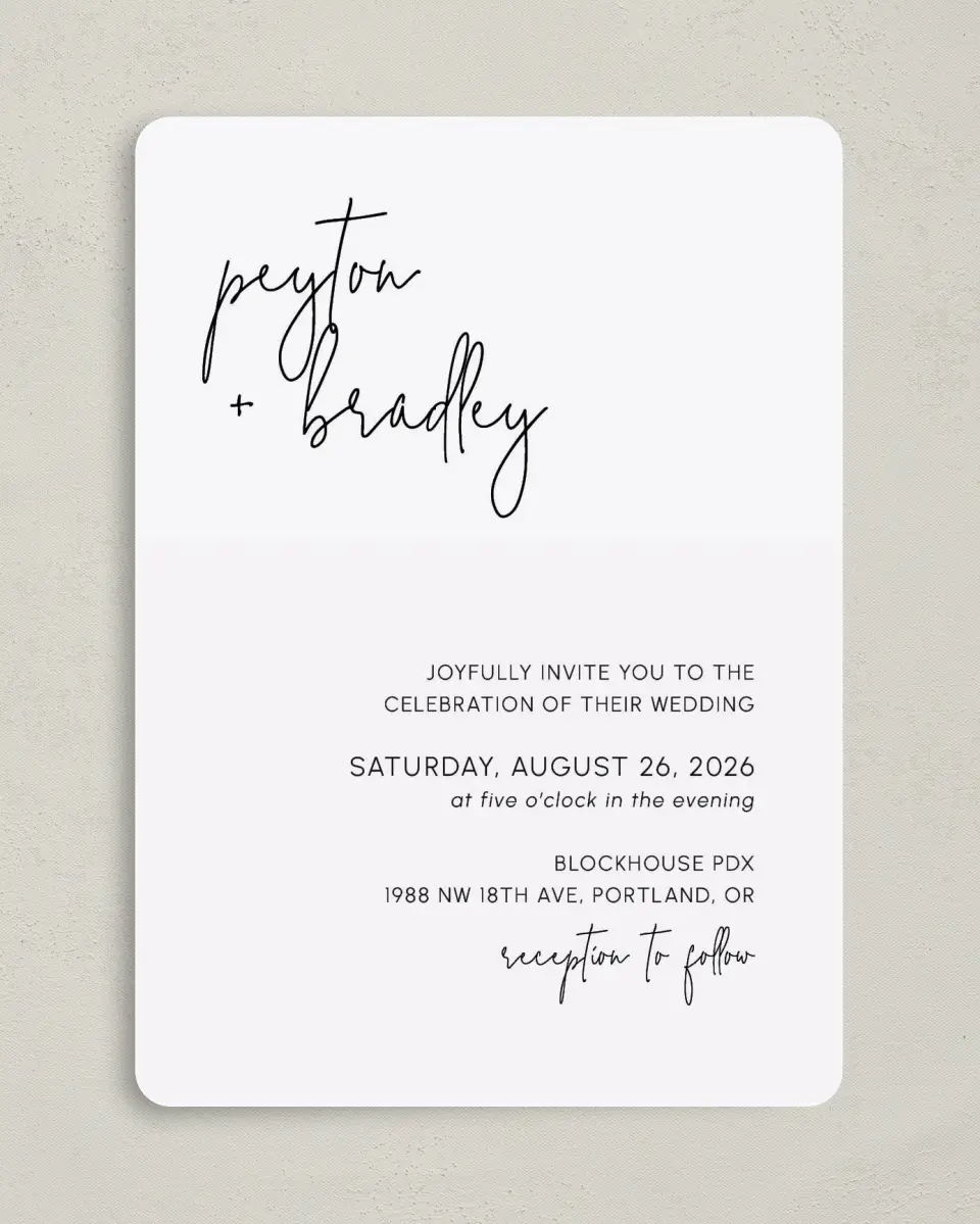 This is a 5" x 7" Rounded Wedding Invitation called Mod Aesthetic printed in full color on Premium Smooth paper