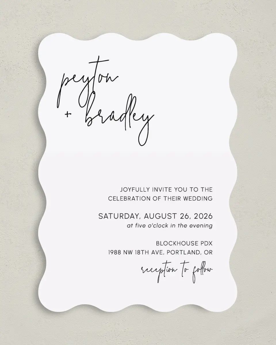 This is a 5" x 7" Wavy Wedding Invitation called Mod Aesthetic printed in full color on Premium Smooth paper