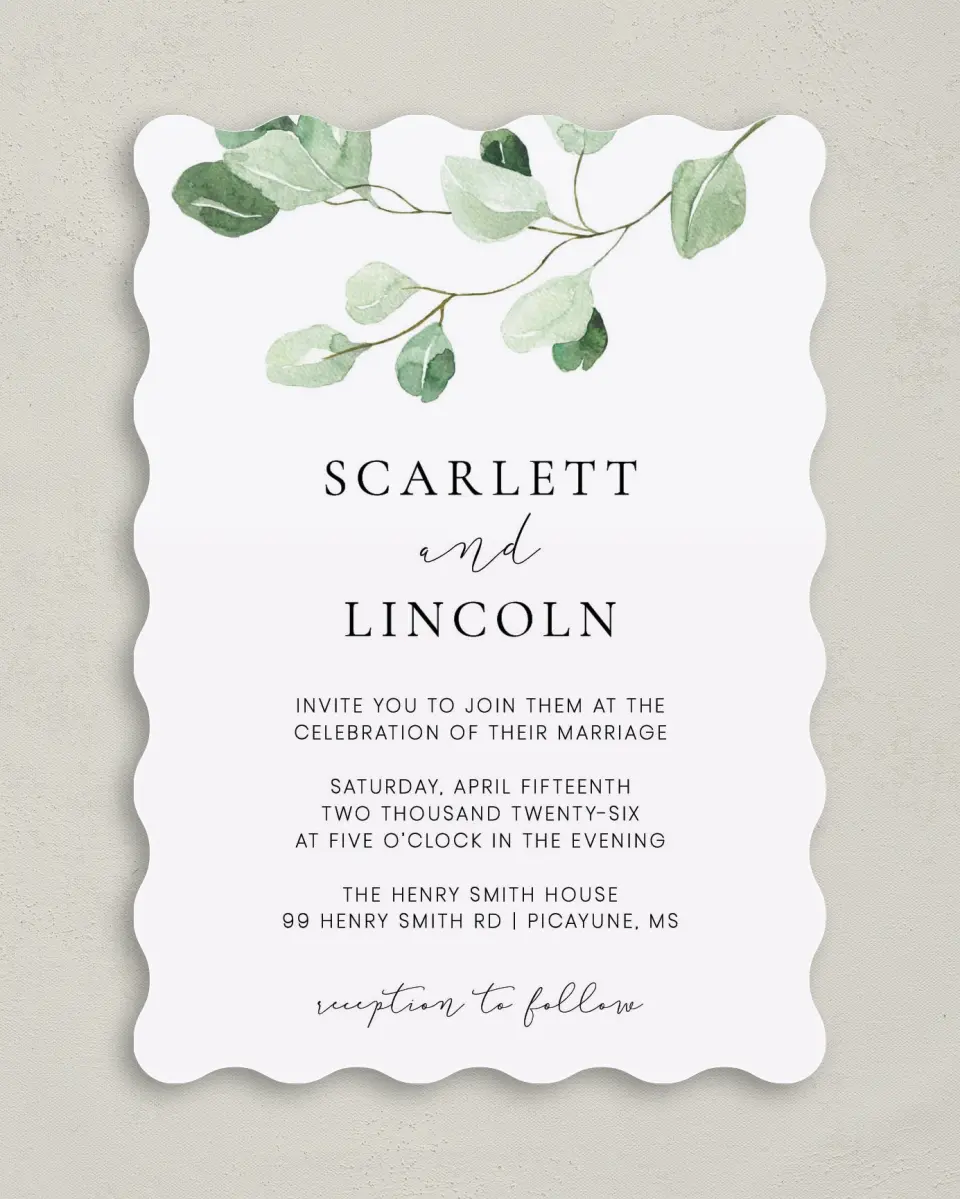 This is a 5" x 7" Wavy Wedding Invitation called Sweet Greenery printed in full color on Premium Smooth paper