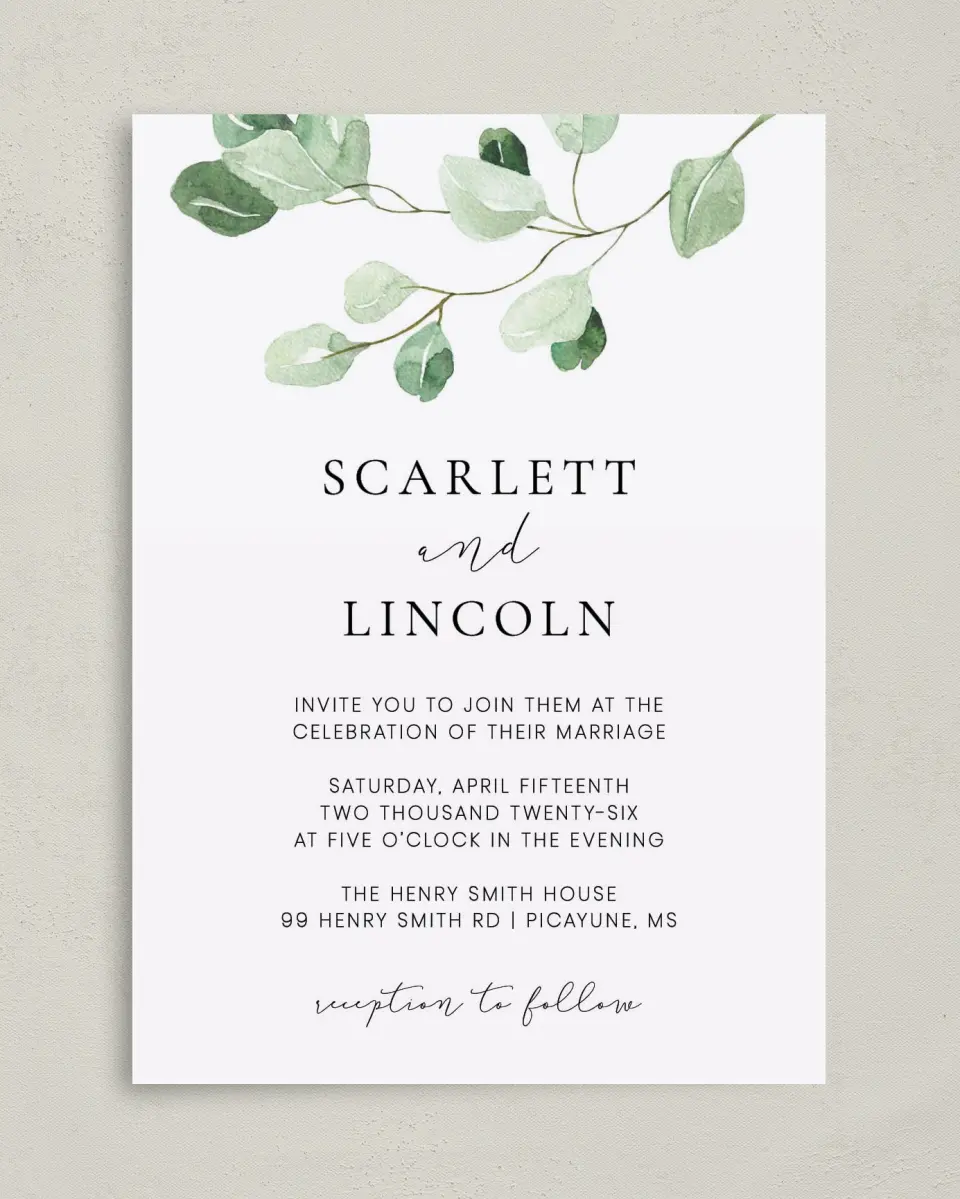 This is a 5" x 7" Classic Wedding Invitation called Sweet Greenery printed in full color on Premium Smooth paper