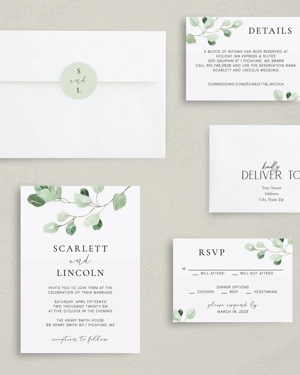 This is a 5" x 7" Classic Wedding Invitation called Sweet Greenery printed in full color on Premium Smooth paper