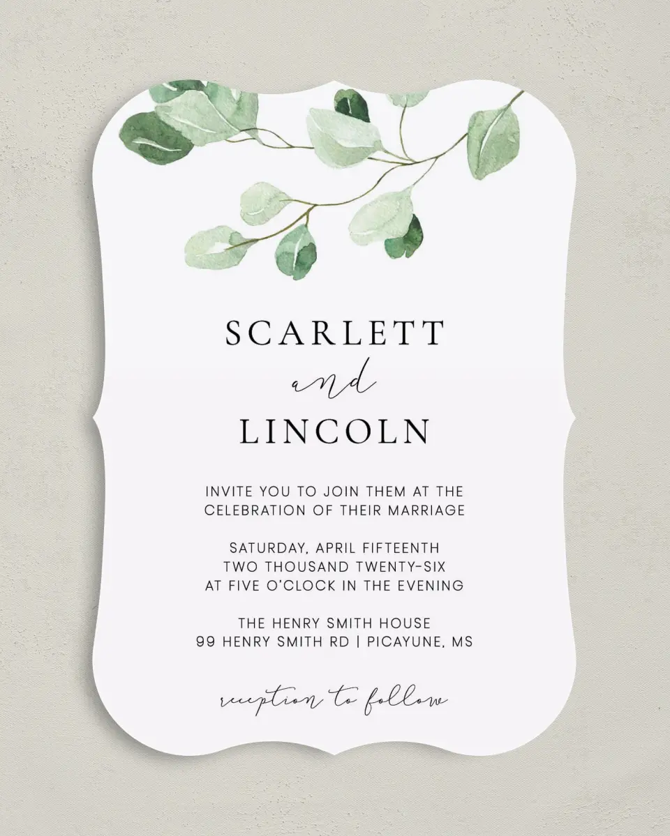 This is a 5" x 7" Bracket Wedding Invitation called Sweet Greenery printed in full color on Premium Smooth paper