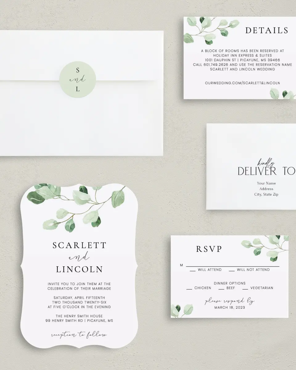 This is a 5" x 7" Bracket Wedding Invitation called Sweet Greenery printed in full color with Silver foil on Luxe Satin (coated) paper