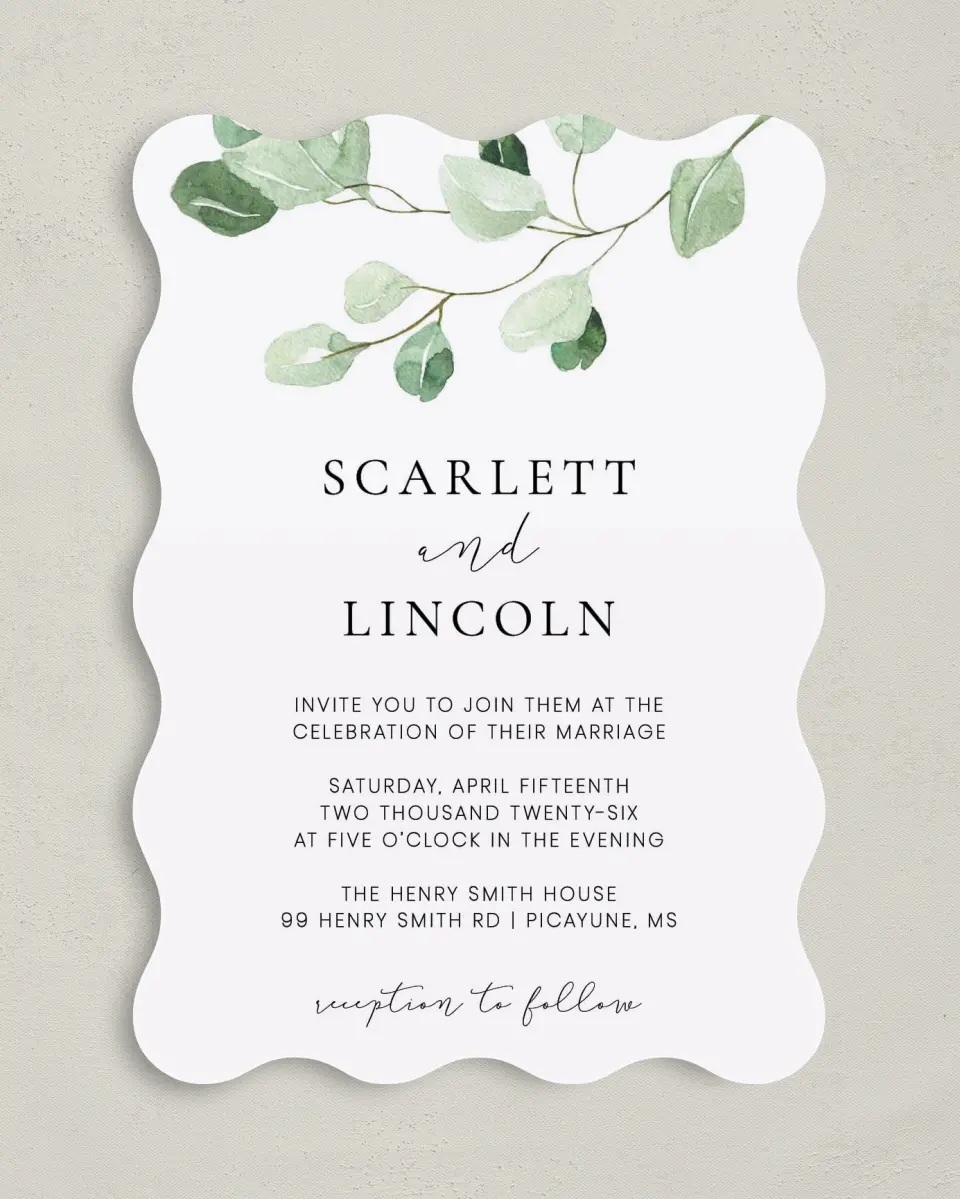 This is a 5" x 7" Wavy Wedding Invitation called Sweet Greenery printed in full color on Premium Smooth paper