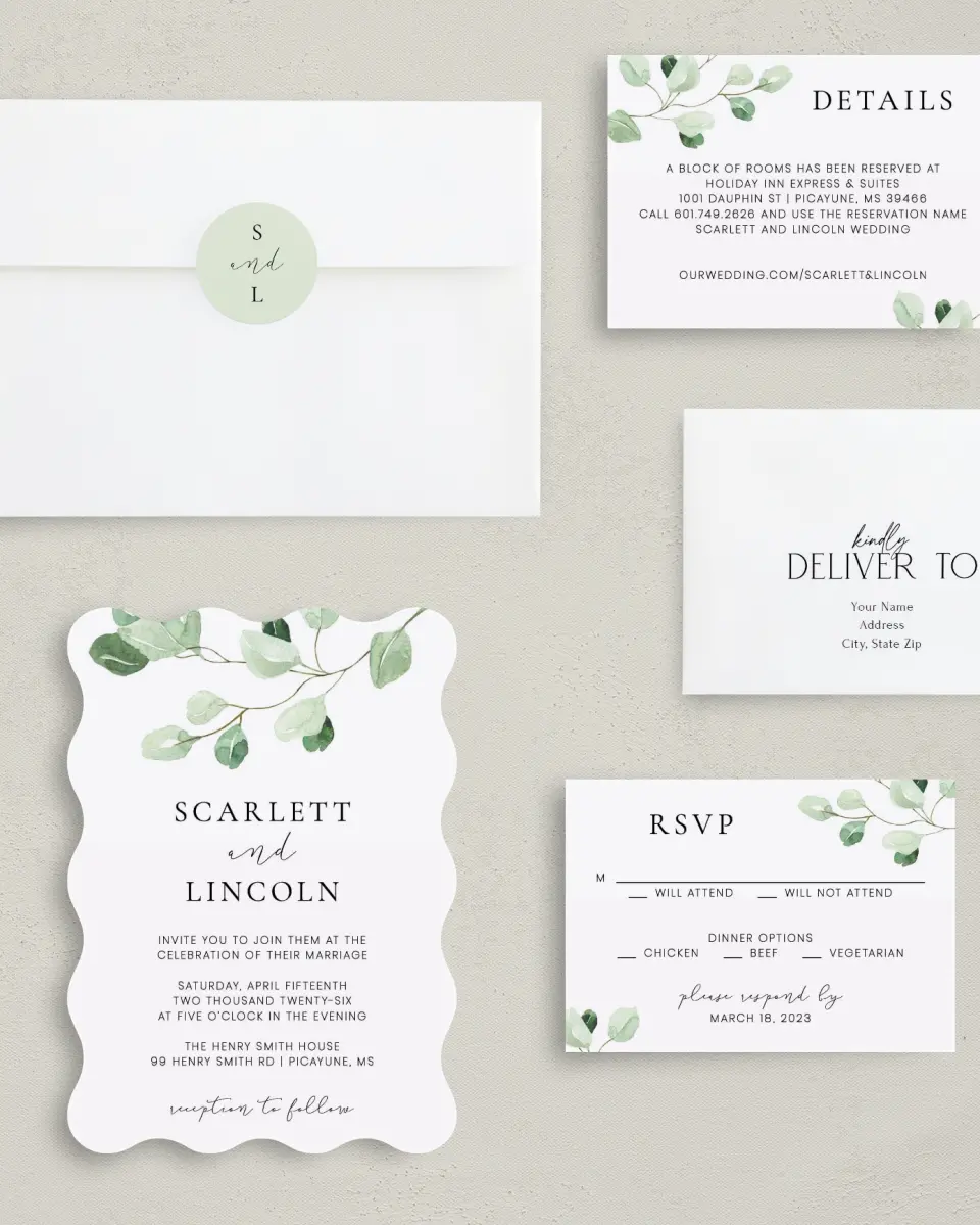 This is a 5" x 7" Wavy Wedding Invitation called Sweet Greenery printed in full color with Rose Gold foil on Luxe Satin (coated) paper