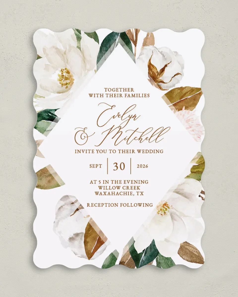 This is a 5" x 7" Wavy Wedding Invitation called Soft Magnolia printed in full color on Premium Smooth paper
