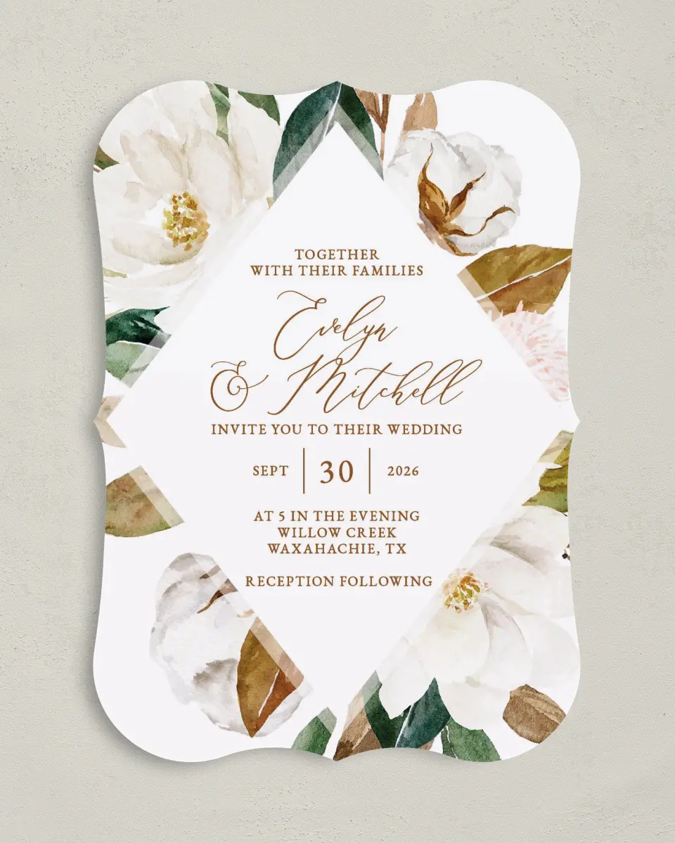 This is a 5" x 7" Bracket Wedding Invitation called Soft Magnolia printed in full color on Premium Smooth paper