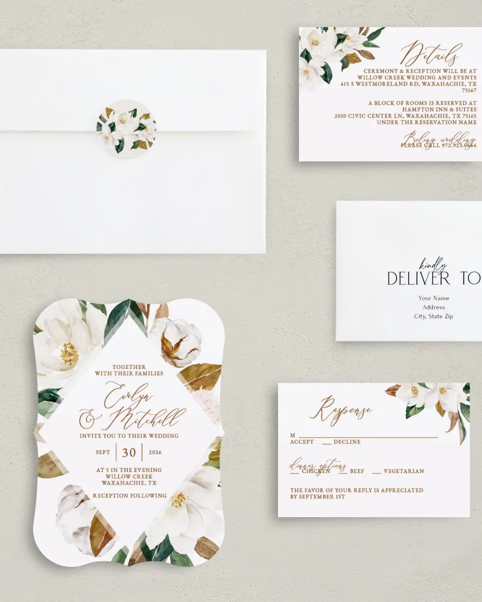 This is a 5" x 7" Bracket Wedding Invitation called Soft Magnolia printed in full color with Silver foil on Luxe Satin (coated) paper