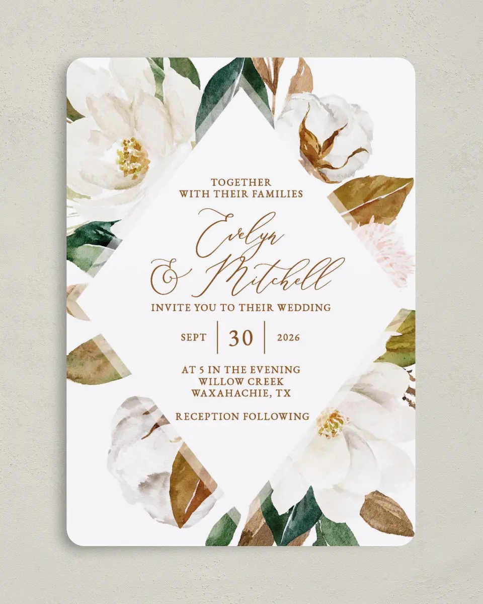 This is a 5" x 7" Rounded Wedding Invitation called Soft Magnolia printed in full color on Premium Smooth paper