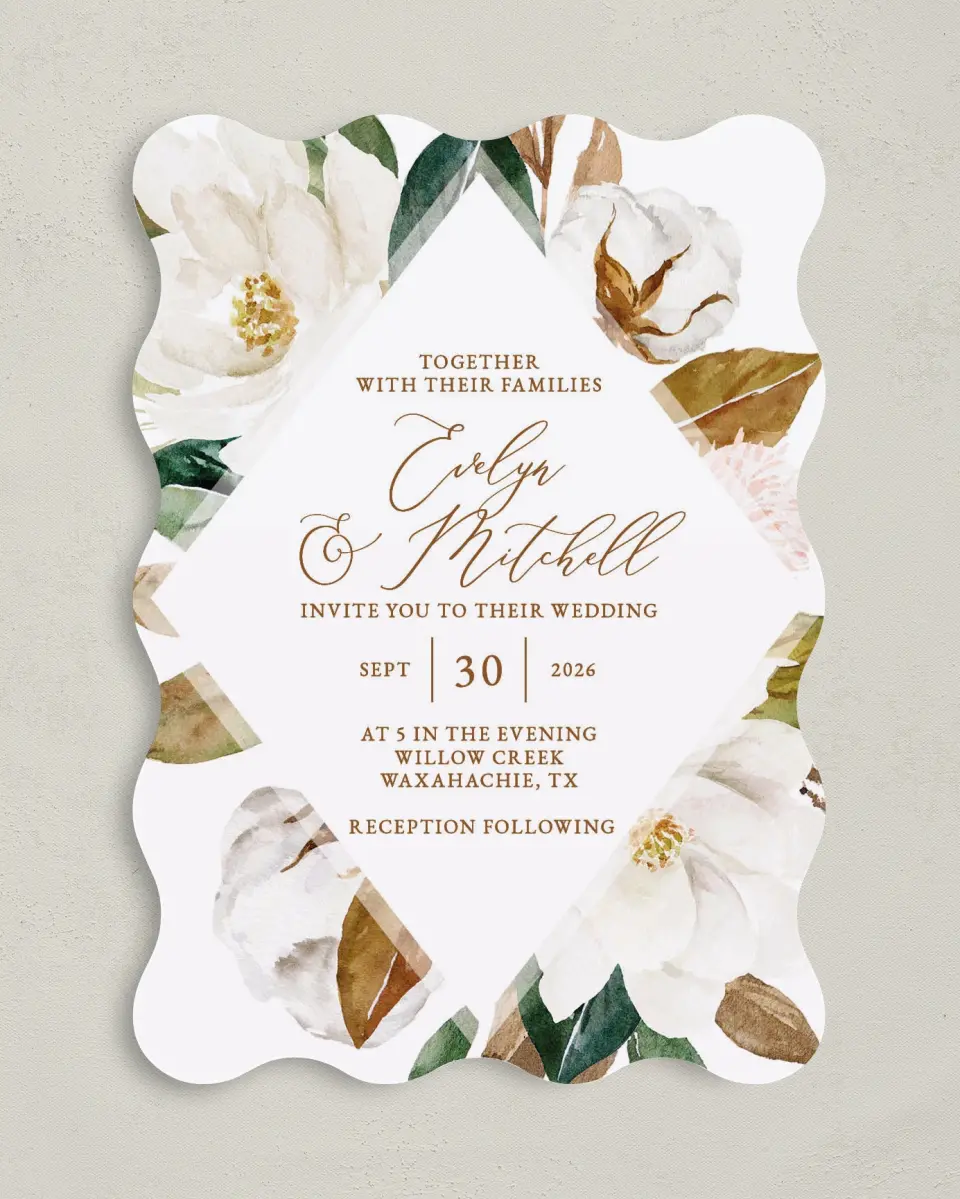 This is a 5" x 7" Wavy Wedding Invitation called Soft Magnolia printed in full color on Premium Smooth paper