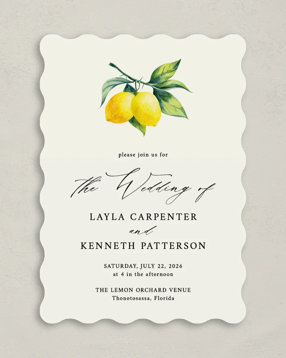 This is a 5" x 7" Wavy Wedding Invitation called Antique Lemon printed in full color on Premium Smooth paper