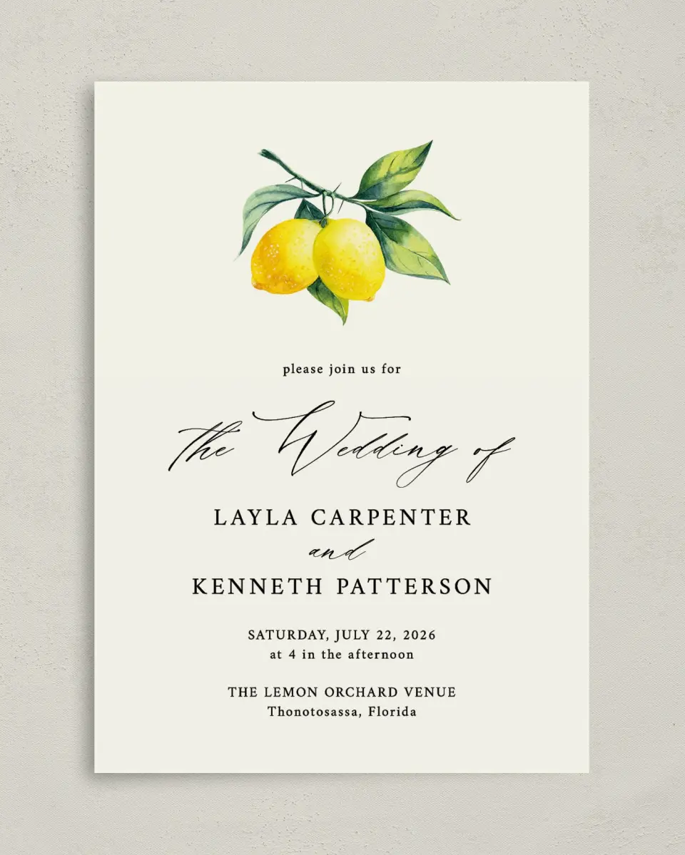 This is a 5" x 7" Classic Wedding Invitation called Antique Lemon printed in full color on Premium Smooth paper