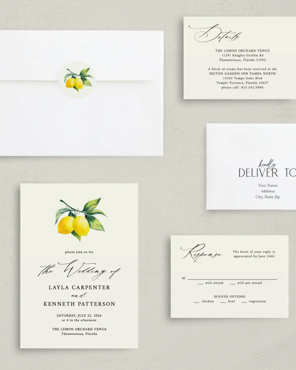 This is a 5" x 7" Classic Wedding Invitation called Antique Lemon printed in full color with Gold foil on Luxe Satin (coated) paper