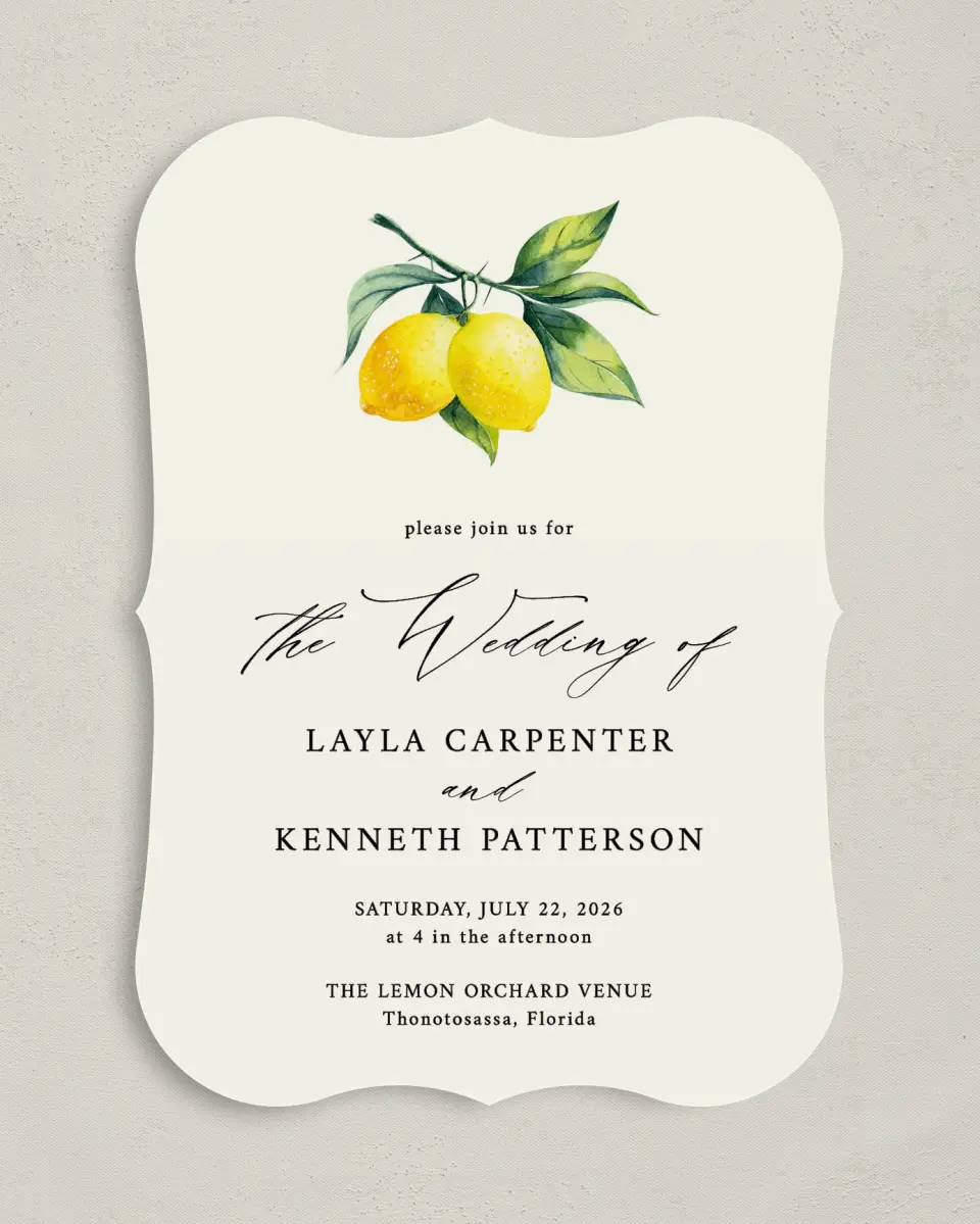 This is a 5" x 7" Bracket Wedding Invitation called Antique Lemon printed in full color on Premium Smooth paper