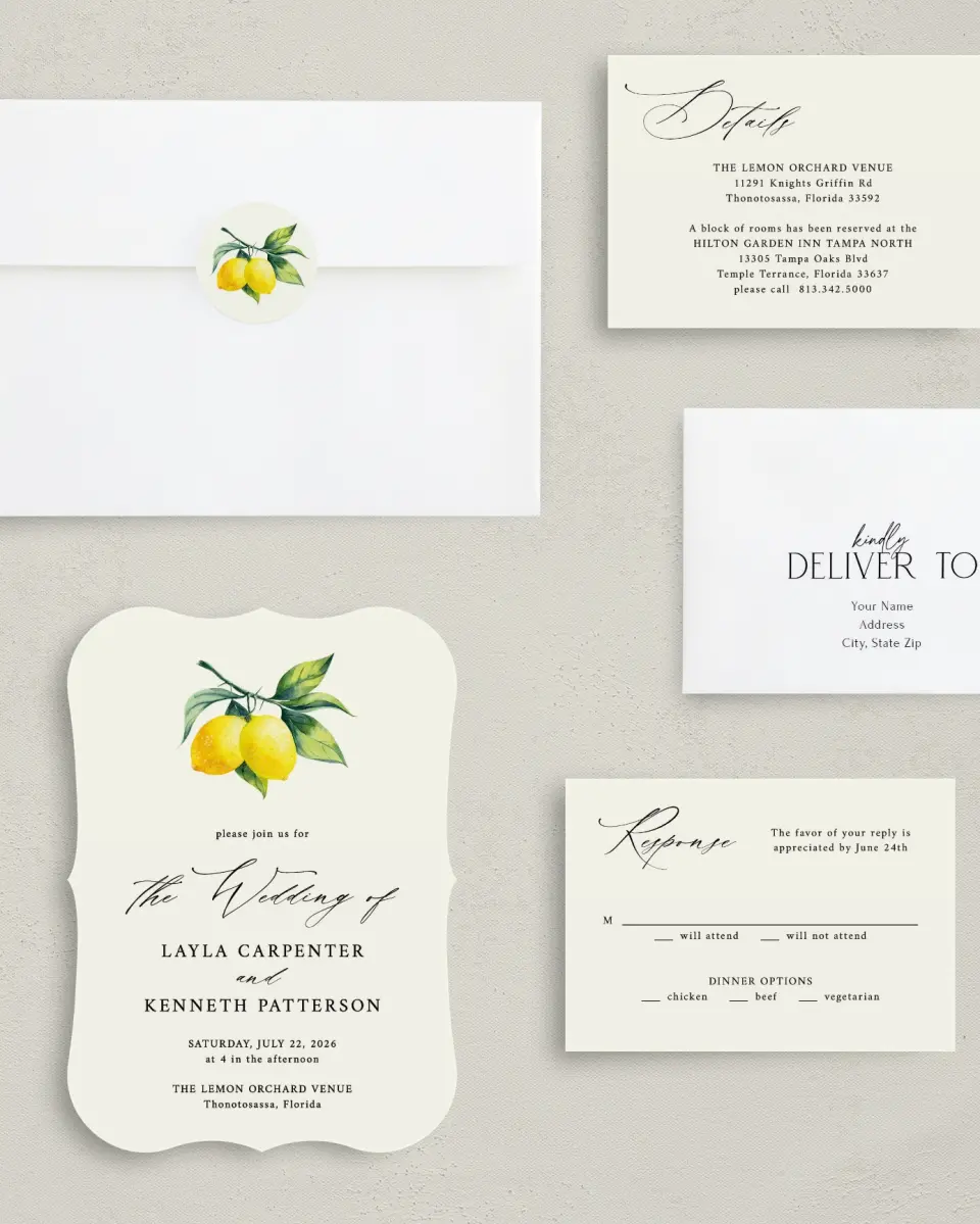 This is a 5" x 7" Bracket Wedding Invitation called Antique Lemon printed in full color with Silver foil on Luxe Satin (coated) paper