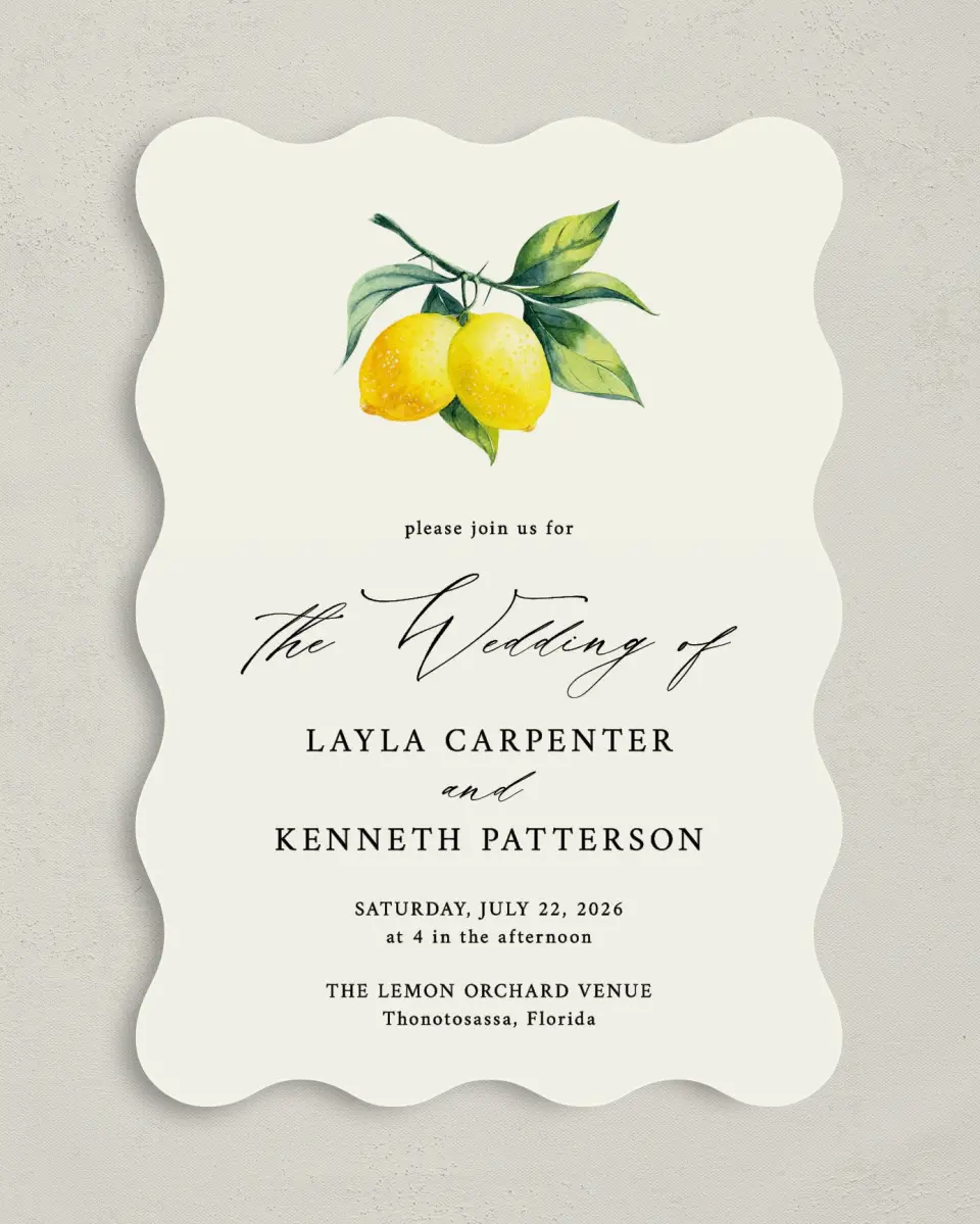 This is a 5" x 7" Wavy Wedding Invitation called Antique Lemon printed in full color on Premium Smooth paper
