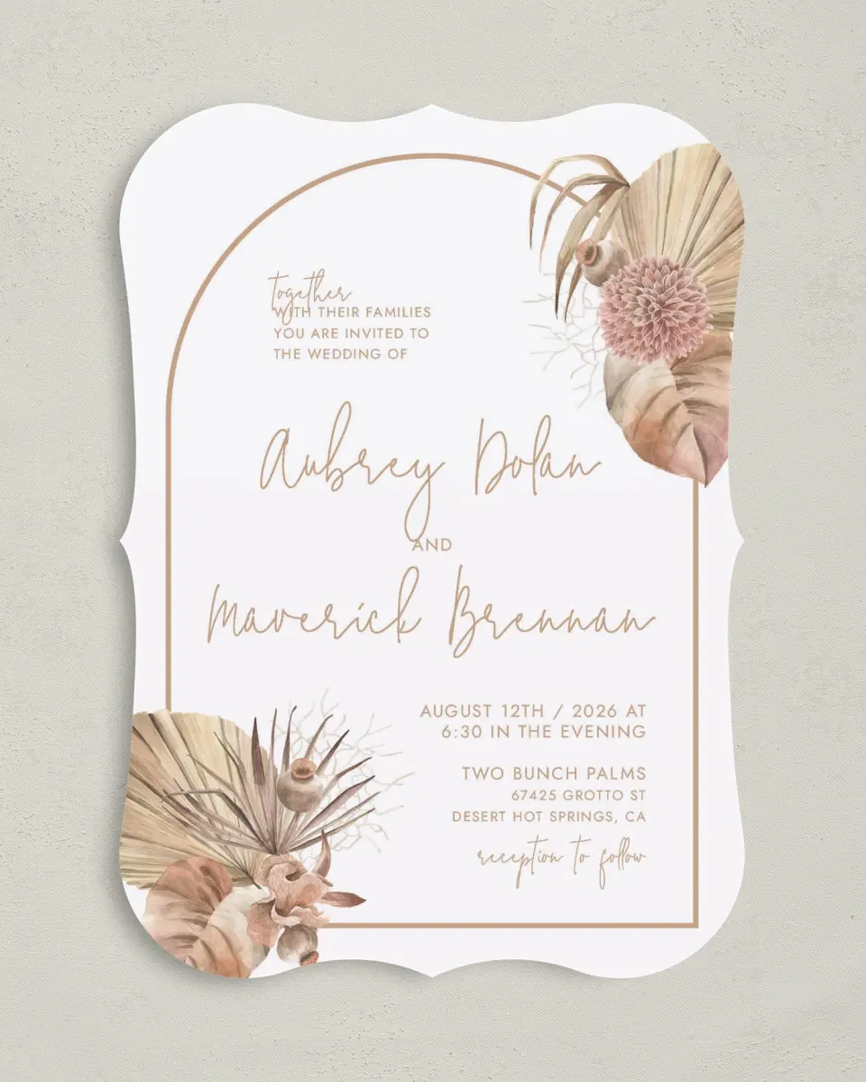 This is a 5" x 7" Bracket Wedding Invitation called Boho Blooms printed in full color on Premium Smooth paper