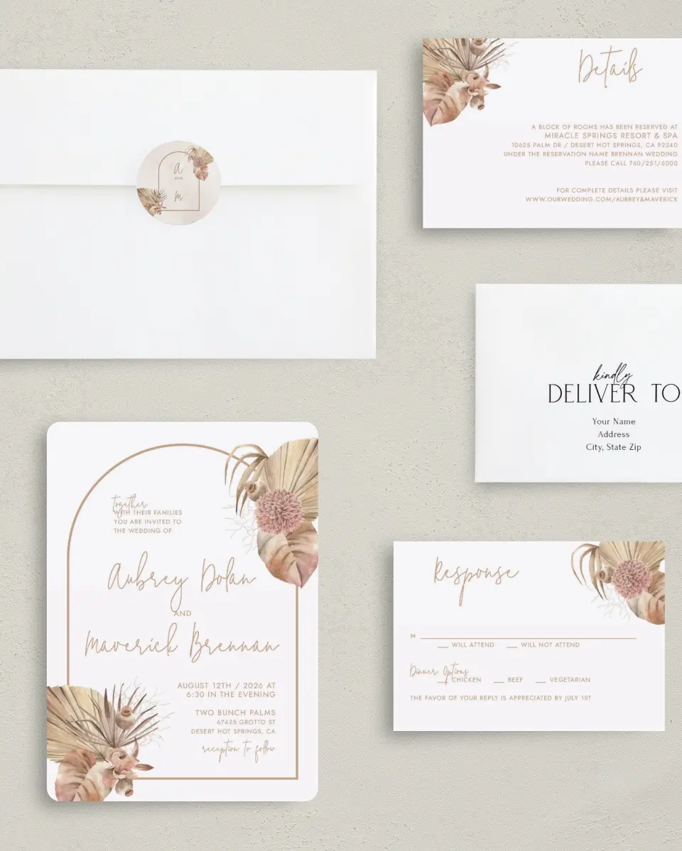 This is a 5" x 7" Rounded Wedding Invitation called Boho Blooms printed in full color with Gold foil on Luxe Satin (coated) paper