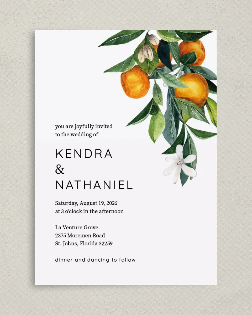 This is a 5" x 7" Classic Wedding Invitation called Mod Citrus printed in full color on Premium Smooth paper