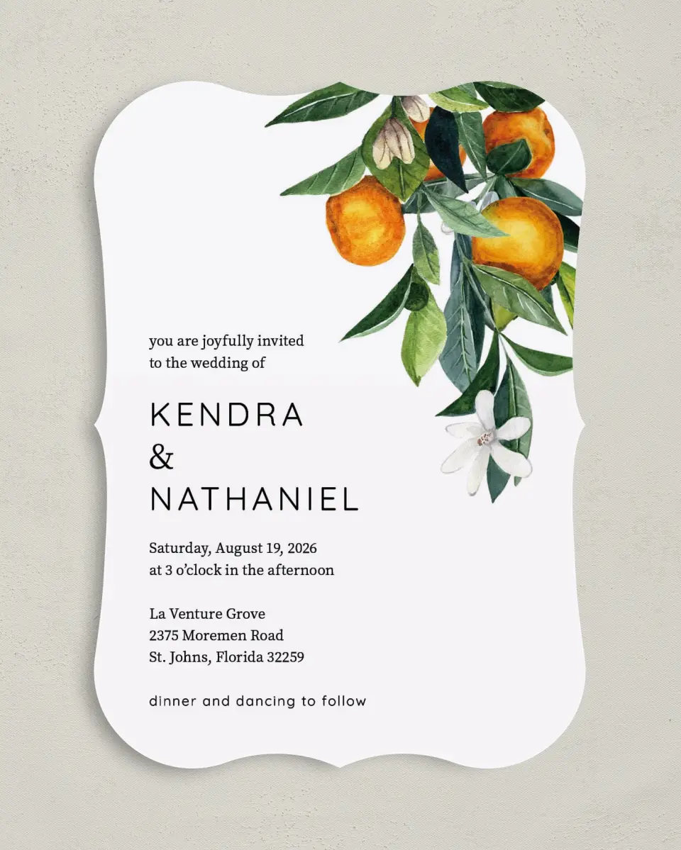 This is a 5" x 7" Bracket Wedding Invitation called Mod Citrus printed in full color on Premium Smooth paper