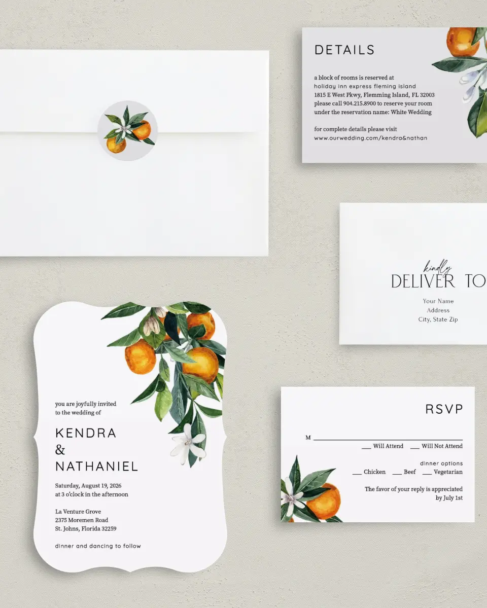 This is a 5" x 7" Bracket Wedding Invitation called Mod Citrus printed in full color with Silver foil on Luxe Satin (coated) paper