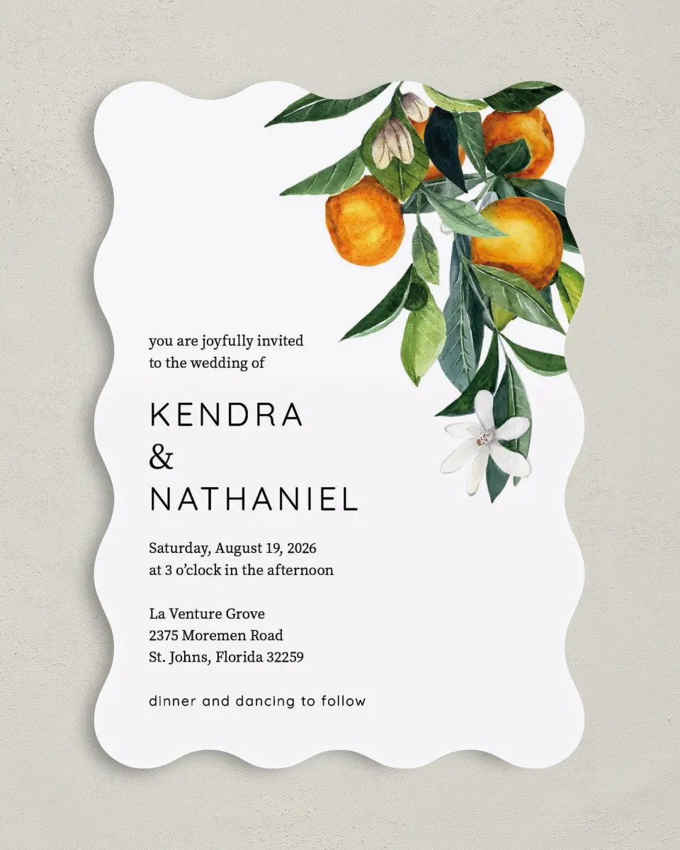 This is a 5" x 7" Wavy Wedding Invitation called Mod Citrus printed in full color on Premium Smooth paper