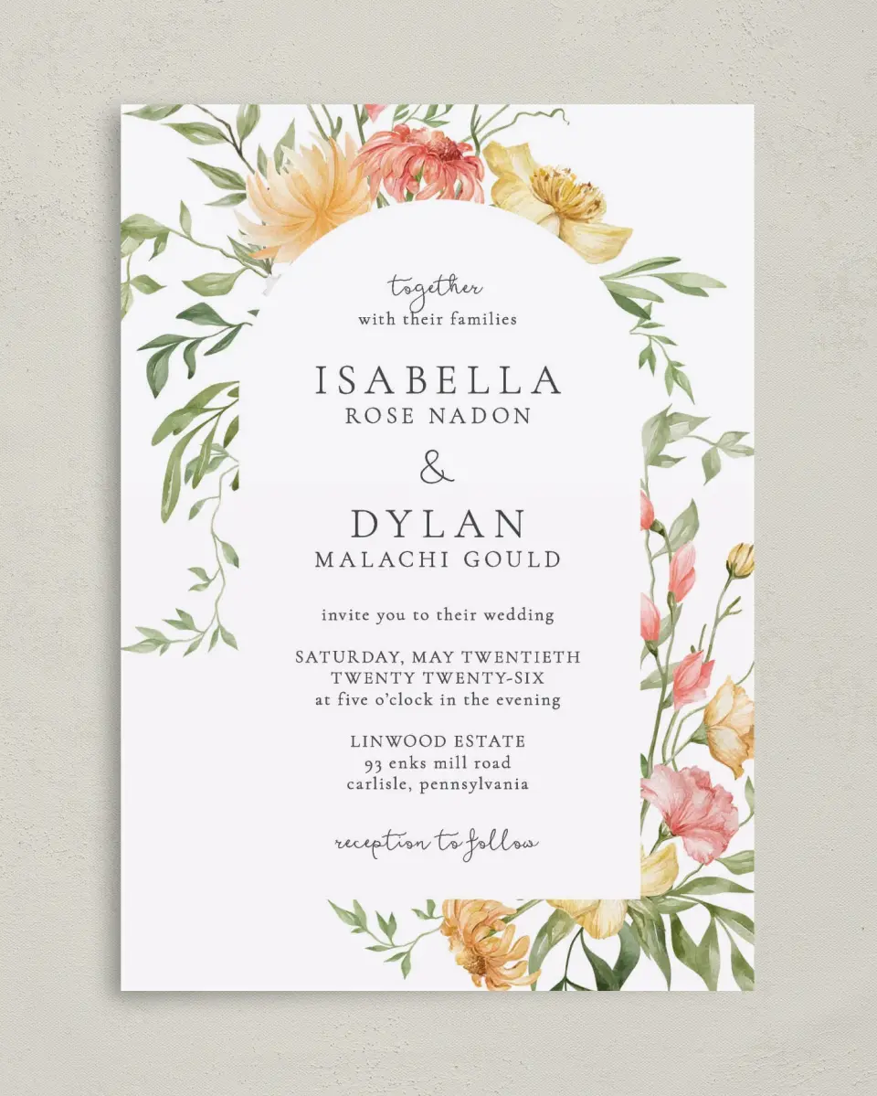 This is a 5" x 7" Classic Wedding Invitation called Secluded Blooms printed in full color on Premium Smooth paper