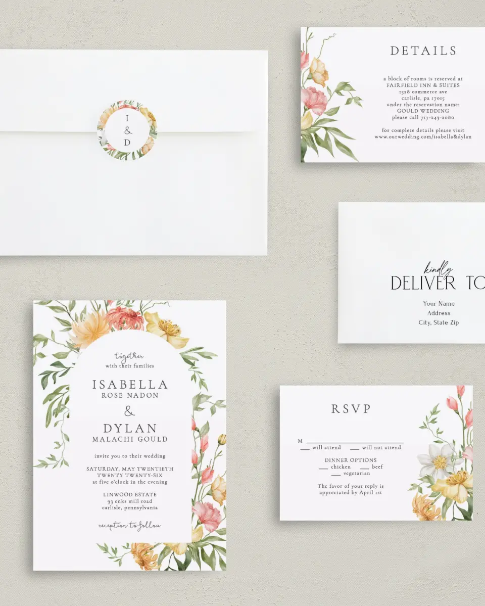 This is a 5" x 7" Classic Wedding Invitation called Secluded Blooms printed in full color with Gold foil on Luxe Satin (coated) paper