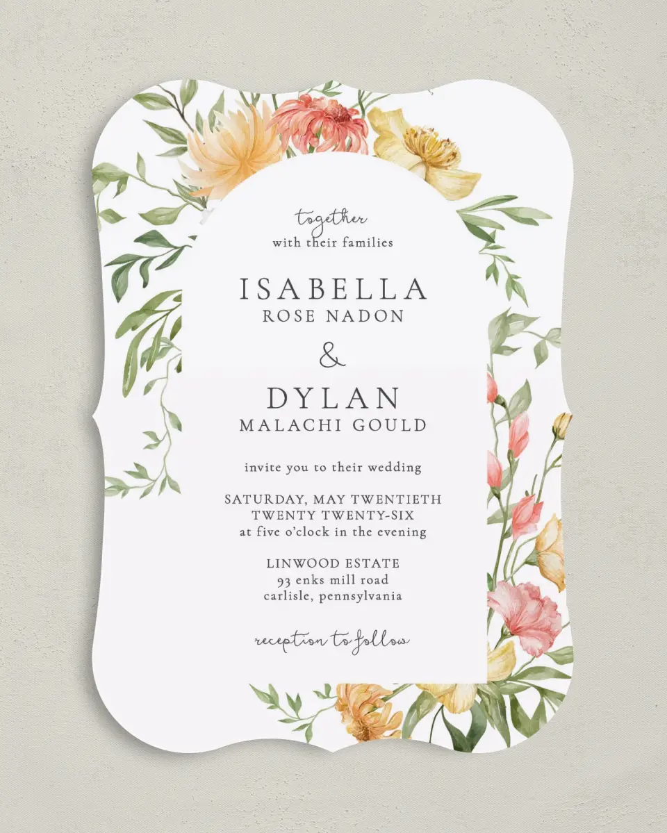 This is a 5" x 7" Bracket Wedding Invitation called Secluded Blooms printed in full color on Premium Smooth paper