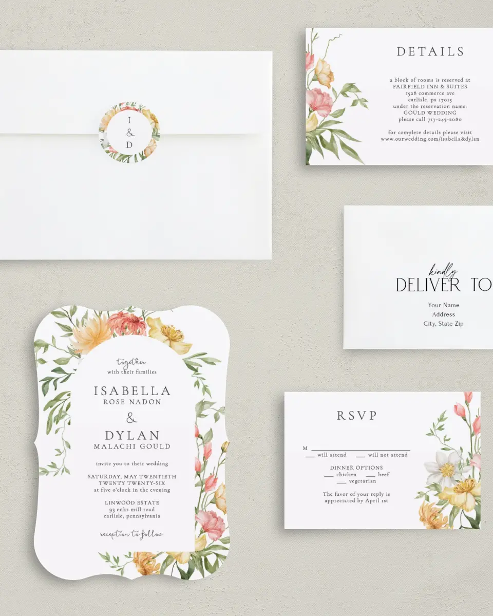 This is a 5" x 7" Bracket Wedding Invitation called Secluded Blooms printed in full color with Silver foil on Luxe Satin (coated) paper