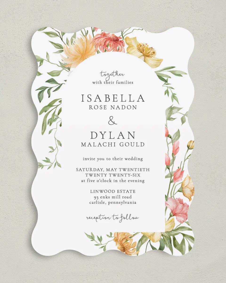 This is a 5" x 7" Wavy Wedding Invitation called Secluded Blooms printed in full color on Premium Smooth paper
