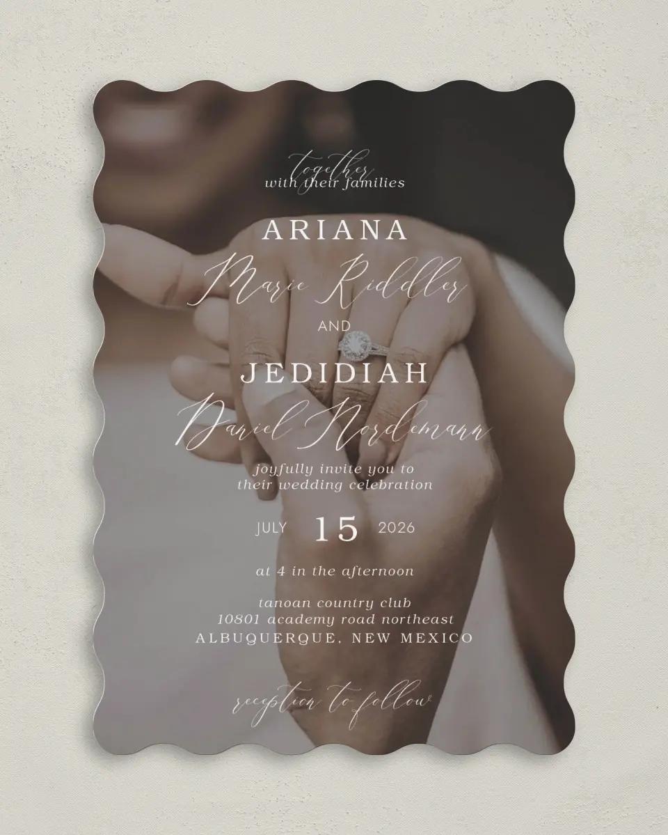 This is a 5" x 7" Wavy Wedding Invitation called Flawless Photo printed in full color on Premium Smooth paper