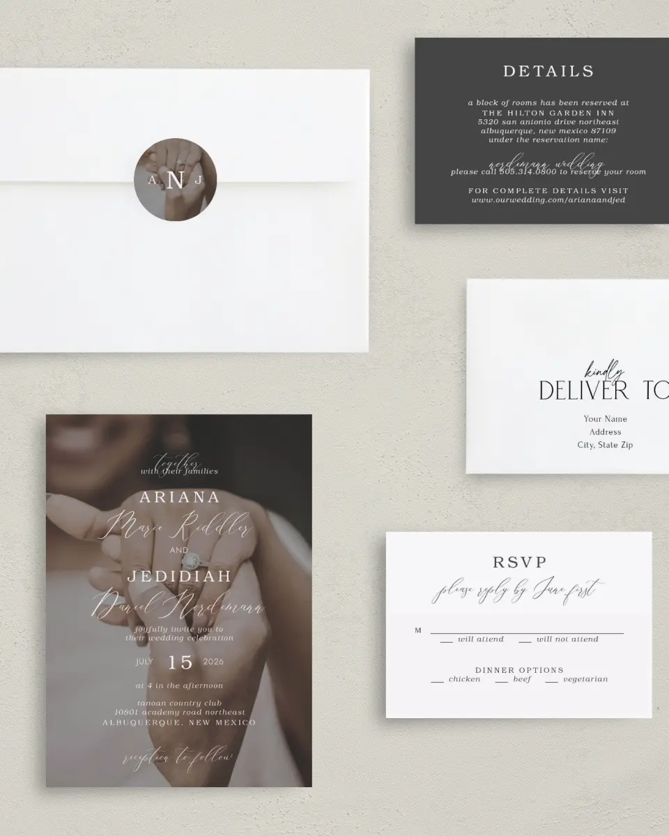 This is a 5" x 7" Classic Wedding Invitation called Flawless Photo printed in full color on Premium Smooth paper