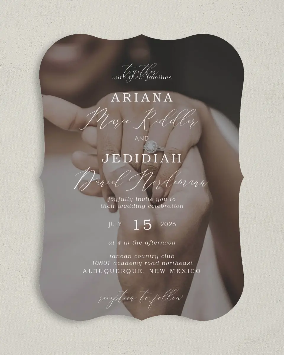 This is a 5" x 7" Bracket Wedding Invitation called Flawless Photo printed in full color with Silver foil on Luxe Satin (coated) paper
