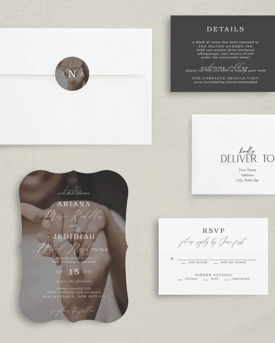 This is a 5" x 7" Bracket Wedding Invitation called Flawless Photo printed in full color with Silver foil on Luxe Satin (coated) paper