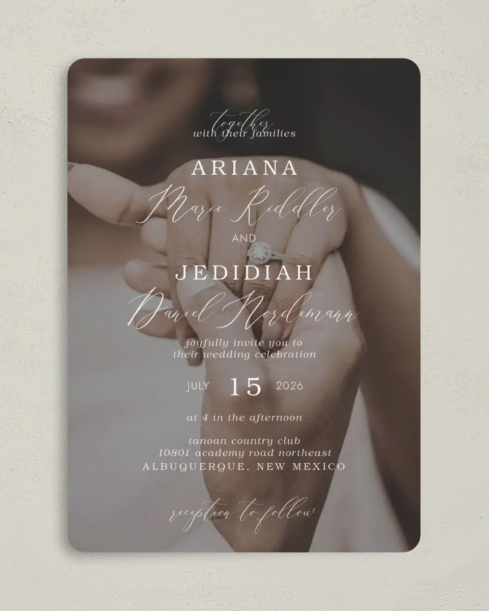 This is a 5" x 7" Rounded Wedding Invitation called Flawless Photo printed in full color on Premium Smooth paper