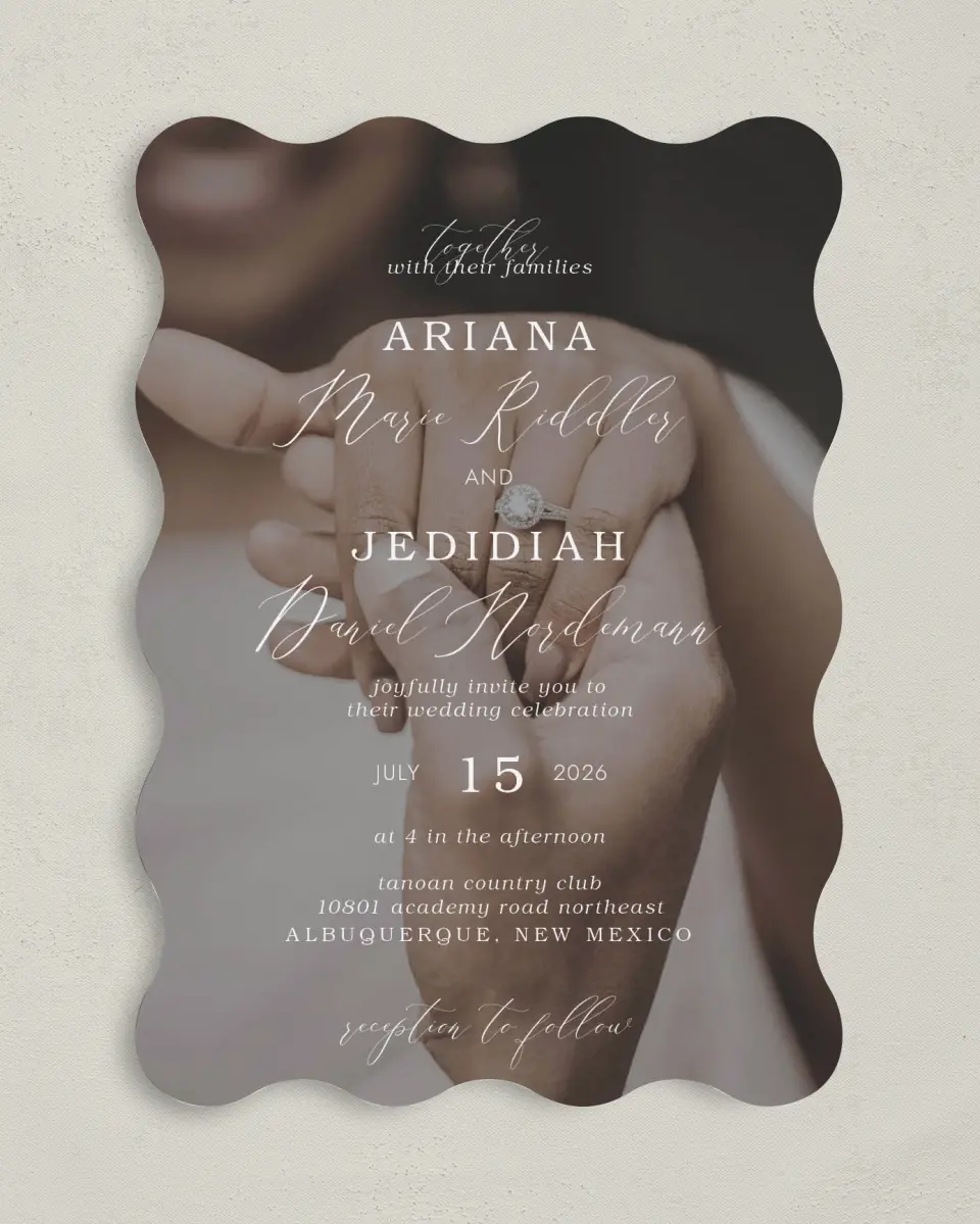 This is a 5" x 7" Wavy Wedding Invitation called Flawless Photo printed in full color on Premium Smooth paper