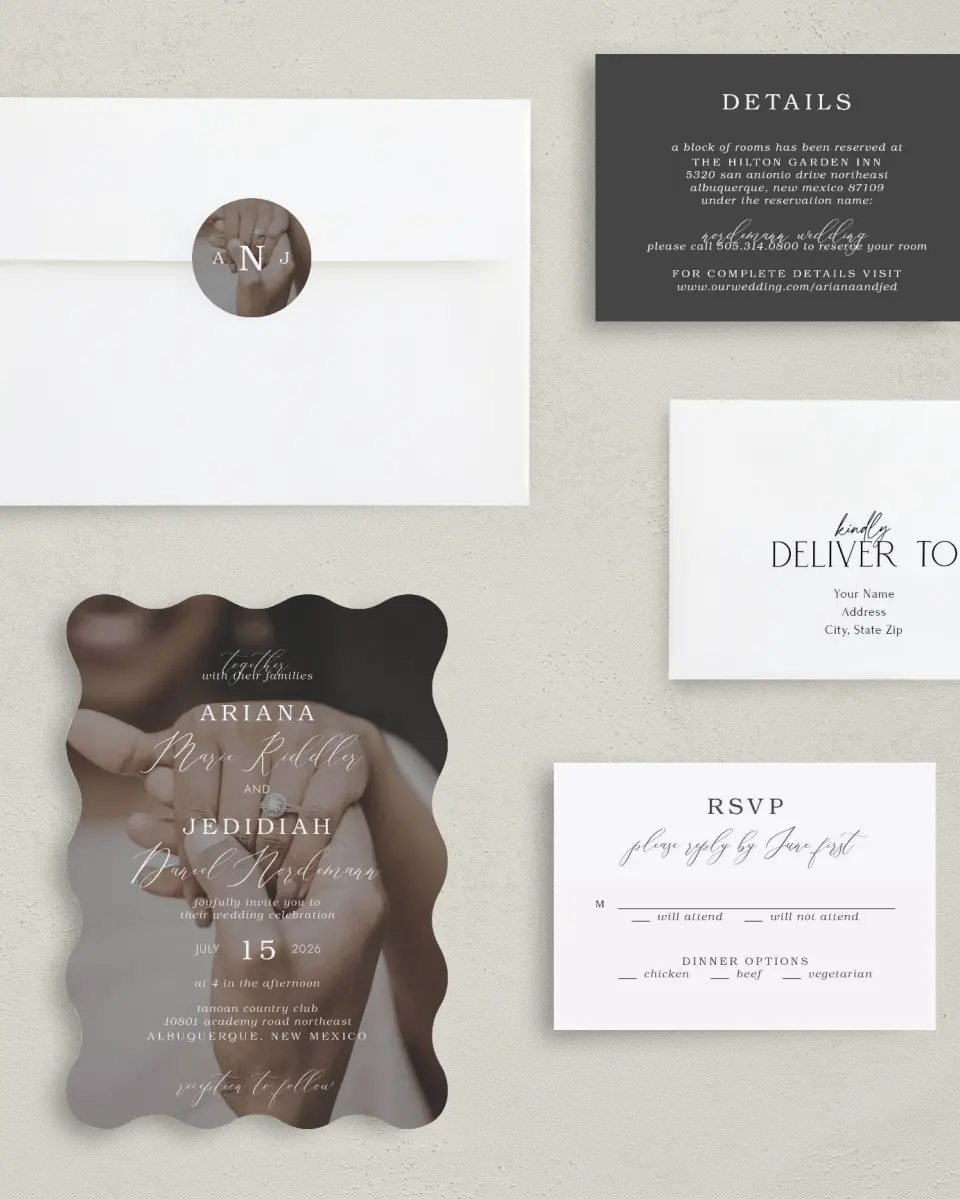 This is a 5" x 7" Wavy Wedding Invitation called Flawless Photo printed in full color with Silver foil on Luxe Satin (coated) paper