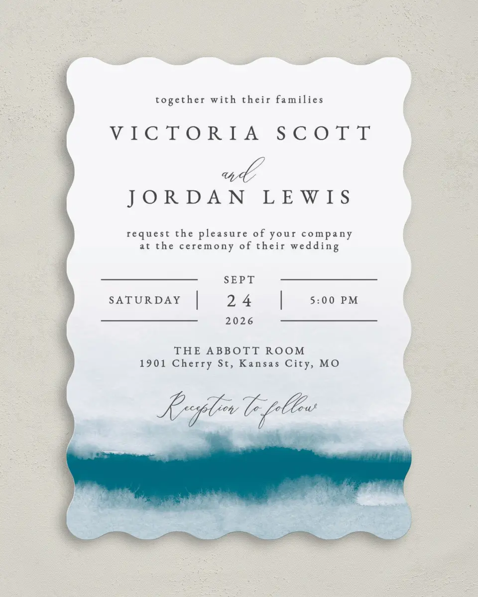 This is a 5" x 7" Wavy Wedding Invitation called Shore Impression printed in full color on Premium Smooth paper
