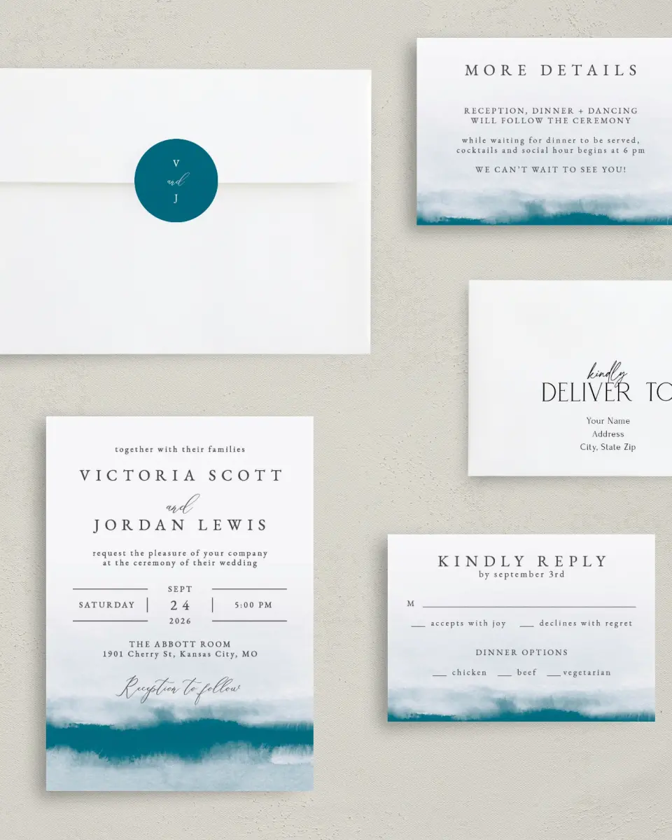 This is a 5" x 7" Classic Wedding Invitation called Shore Impression printed in full color with Gold foil on Luxe Satin (coated) paper