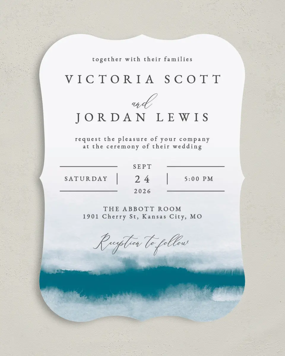 This is a 5" x 7" Bracket Wedding Invitation called Shore Impression printed in full color with Silver foil on Luxe Satin (coated) paper