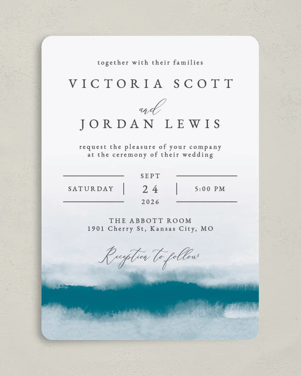 This is a 5" x 7" Rounded Wedding Invitation called Shore Impression printed in full color on Premium Smooth paper