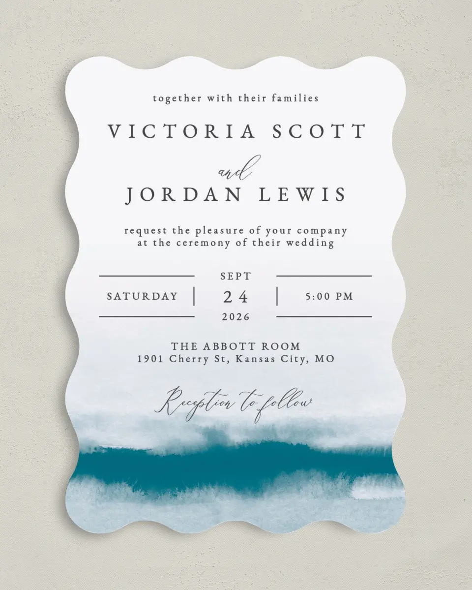 This is a 5" x 7" Wavy Wedding Invitation called Shore Impression printed in full color on Premium Smooth paper