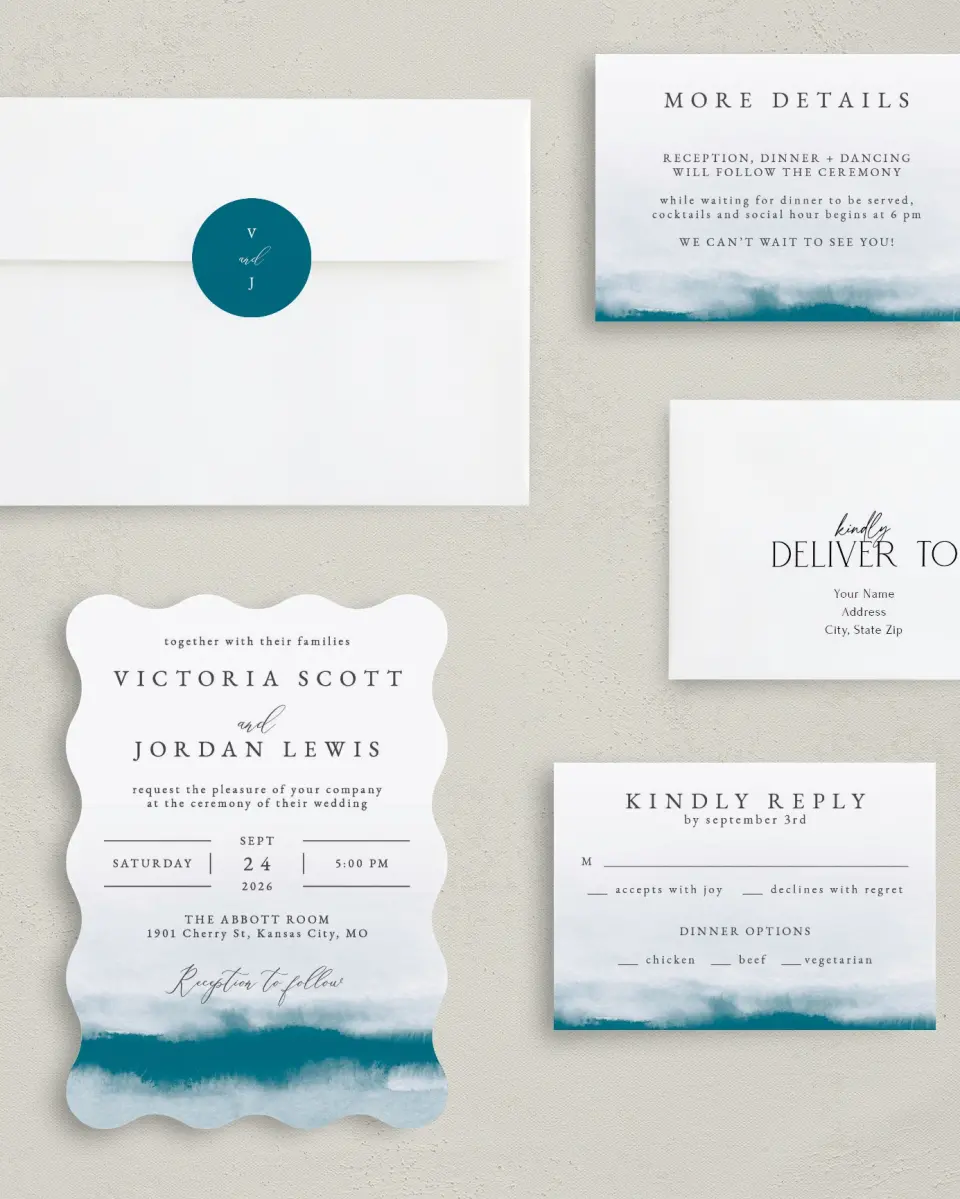 This is a 5" x 7" Wavy Wedding Invitation called Shore Impression printed in full color with Silver foil on Luxe Satin (coated) paper