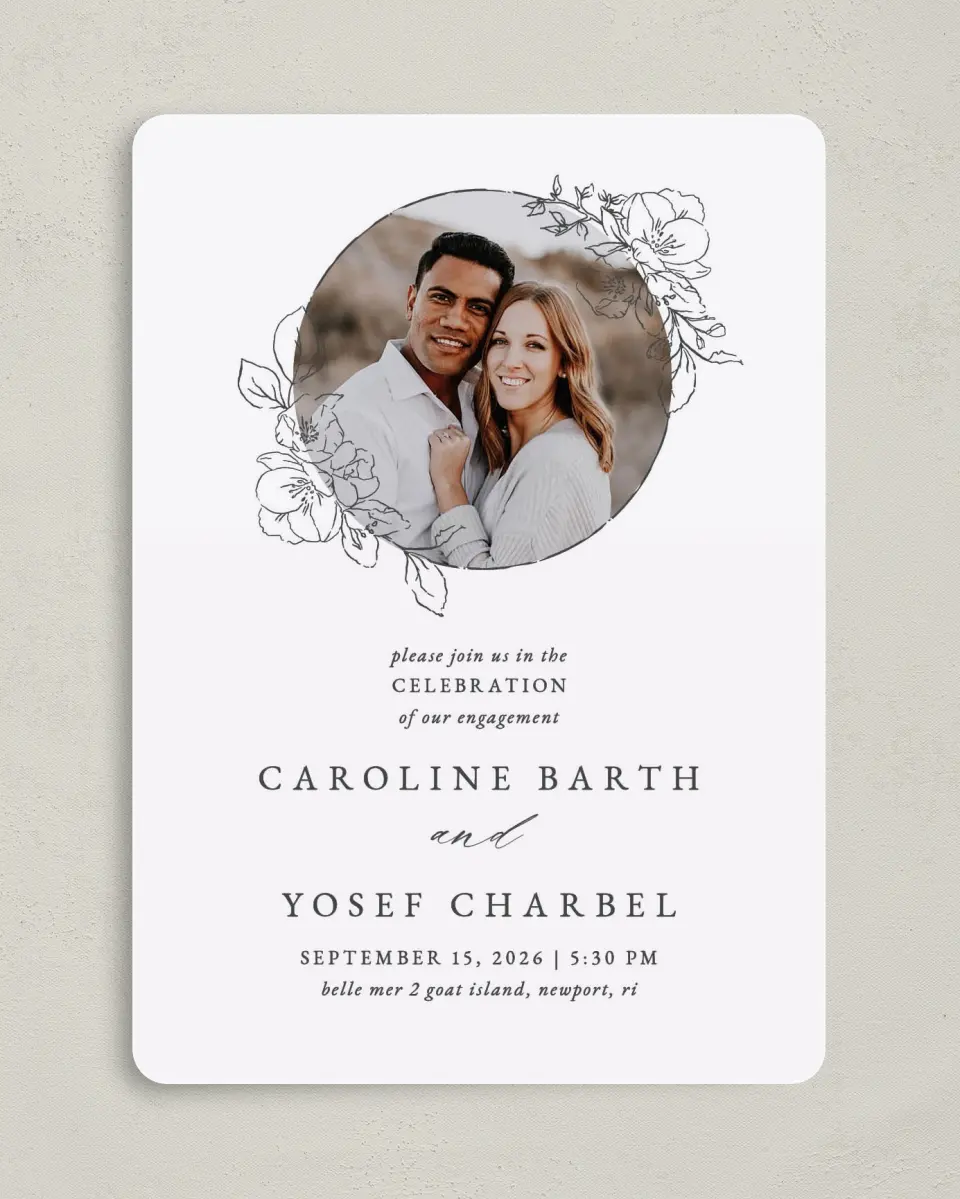 This is a 5" x 7" Engagement Party Invitation called Rehearsal Wreath printed in full color with Rose Gold foil on Luxe Satin (coated) paper